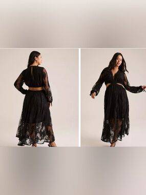 FESTI Black Lace Midi Dress Sheer Overlay Long Sleeve Size 2 Boho Gothic